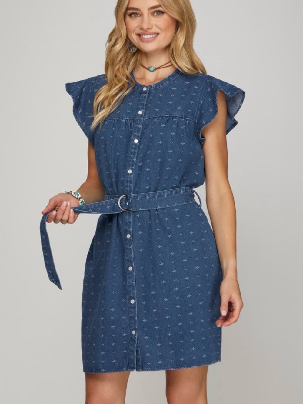 She + Sky Blue Button-Front Belted Denim Dress